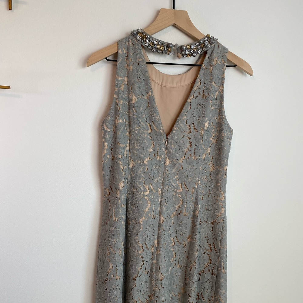 ELIZA J Grey Lace Dress With Jeweled Neckline | Size 6 | Wedding/Cocktail - Picture 9 of 15
